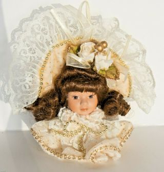 Vintage Porcelain Victorian Doll Head Christmas Ornament Ivory Velvet W/lace Euc