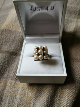 Vintage 14k Yellow Gold Pearl With Sapphire Diamonds Cluster Ring.