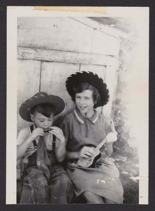 Playing Harmonica Toy Guitar Little Cowboys Old/vintage Photo Snapshot - F223
