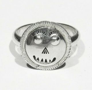 Vintage Signed Navajo 925 Sterling Silver Pumpkin Face Halloween Ring Size 6