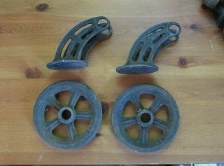 Set Of 2 Vintage Antique Cast Iron 5 " Wheel Casters With Brackets