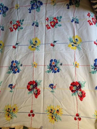 Vintage Cotton Tablecloth Primary Colors Flowers Cherries Strawberries 40 