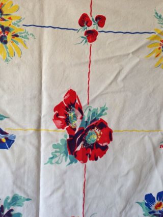 Vintage Cotton Tablecloth Primary Colors Flowers Cherries Strawberries 40 ' s - 50 ' s 3