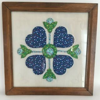 Vtg Framed Quilt Block Amish Dutch Decor Flowers Star Hearts Blue Green 16 " X16 "
