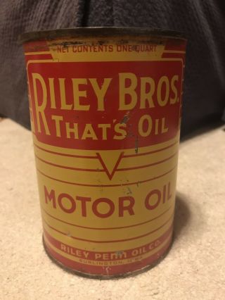 Vintage 1940s Riley Bros.  Motor Oil Can 1 Qt Tin Can Burlington Iowa 1