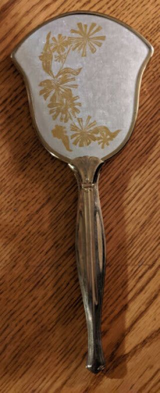 Vintage Hand Held Vanity Glass Mirror Brass Gold Tone Floral Design Art Nouveau