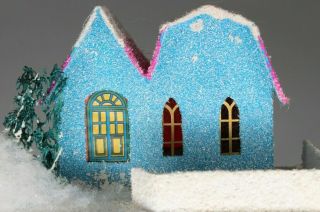Vintage Christmas Cardboard Putz Glitter House,  Made In Japan,  Hole For Light