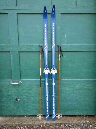 Vintage Wooden 74 " Skis Has Blue Finish Signed Radisson,  Bamboo Poles