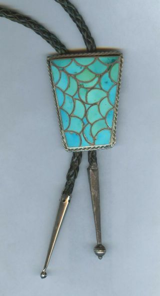 Vintage Zuni? Bolo Tie,  Very Ornate Turquoise Stone About 39g Sterling