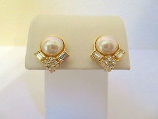 Elegant Vintage Signed Christian Dior Mabe Faux Pearl,  Crystal Clip Earrings