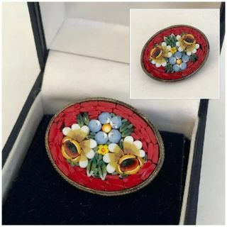 Vintage Jewellery Micro Mosaic Red Floral Brooch Dress Pin Italy