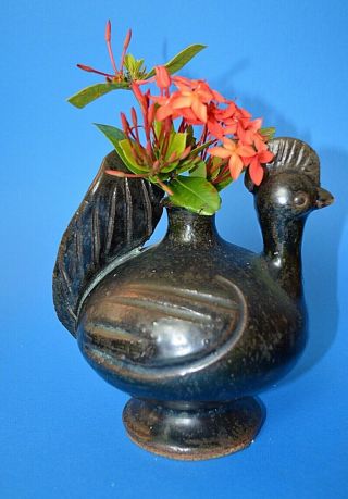 Vintage Rooster Folk Art Primitive Vase Candle Holder Stoneware Manganese Glaze