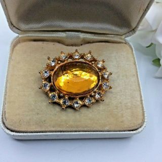 Vintage Jewellery Citrine Crystal & Clear Rhinestone Gold Tone Oval Brooch Pin