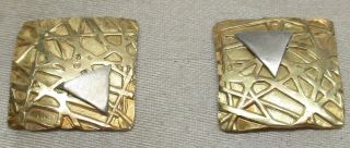 Vintage Solid 18k Gold & Sterling Silver Western Designer Post Earrings - L@@k