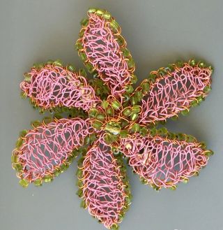 Vintage Handmade Crochet Wire Flower With Beads Brooch Pin