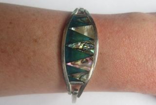 Vintage Alpaca Silver Abalone Shell Green Triangle Bracelet Hinge Lucite Mexico