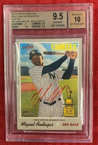 Miguel Andujar 2019 Topps Heritage Red Ink Auto /70 Rc Trophy Bgs Gem 9.  5
