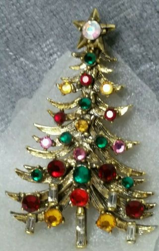 Vintage Hollycraft Multi Colorful Rhinestone Christmas Tree Gold Tone Pin Brooch