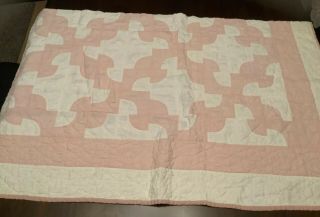 Vintage Quilt Piece Pink & White Drunkard’s Path Hand Quilted Patchwork Cutter