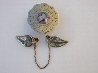 Vintage Mexican Alpaca Silver And Abalone Set 2 Pc.  Pill Box & Retro Sweater Pin
