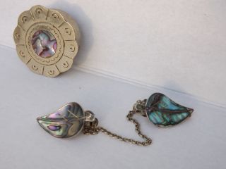 Vintage Mexican Alpaca Silver and Abalone Set 2 pc.  Pill Box & Retro Sweater Pin 3