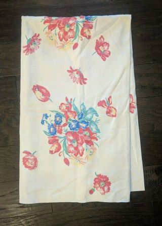 Vintage Cotton Tablecloth Floral White Pink Red Flower Poppy Roses Tulip 64 X 54