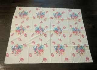 Vintage Cotton Tablecloth Floral White Pink Red Flower Poppy Roses Tulip 64 x 54 2
