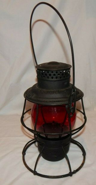 N&w Norfolk And Western Railroad Lantern With Embossed Red Globe Adlake