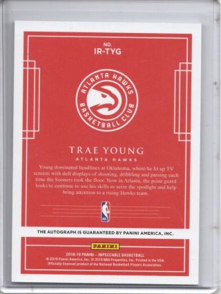 TRAE YOUNG AUTO RC /99 2018 - 19 PANINI IMPECCABLE CANVAS ON CARD AUTOGRAPH SP 2
