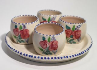 Set Of Vintage Art Deco Handpainted Poole Pottery Egg Cups On Stand.
