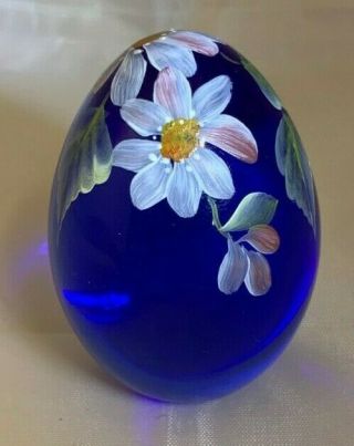Vintage Blue Hand Painted Glass Paperweight Egg Signed Kathleen Sponsler 2 5/8 "