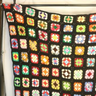 Vtg Afghan Handmade Crochet Black Granny Square Throw Lap Blanket 80 X 50
