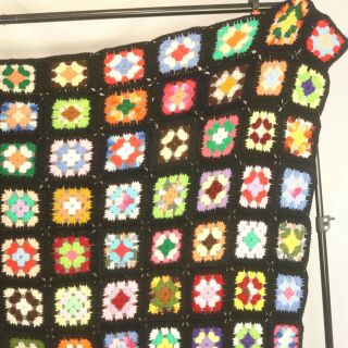 Vtg Afghan Handmade Crochet Black Granny Square Throw Lap Blanket 80 x 50 2