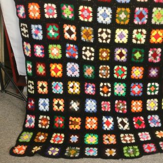 Vtg Afghan Handmade Crochet Black Granny Square Throw Lap Blanket 80 x 50 3