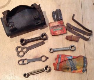 Vintage Bicycle Repair Tool Kit Leather Bag Case Spanner Wrench Tyre Lever Spare