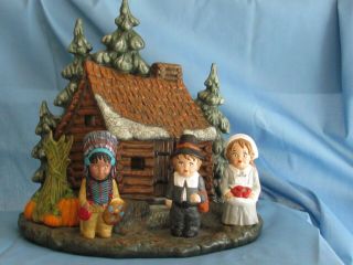 Vintage First Thanksgiving Ceramic Pilgrims Cabin Turkey Pumpkins Has Light
