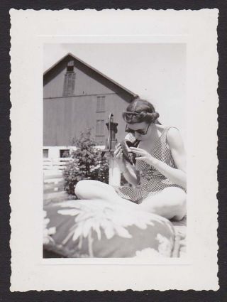 Young Lady Playing Ocarina Wind Instrument Farm Old/vintage Photo Snapshot - T299