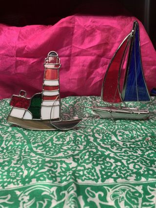 Sail Boat & Lighthouse Stained Glass Vintage Decor
