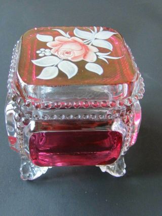Vintage Cranberry Glass Hand Painted Rose Trinket Box Signed C.  Peltier 1978