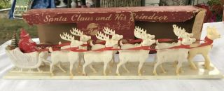 Vtg Christmas Plastic Santa Sleigh Reindeer Table 18 " X4 " Bottle Brush Tree Box