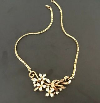 Vintage Signed Trifari Pat.  Pend Choker Necklace Gold Tone Rhinestone Flowers