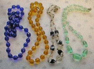 4 Lovely Vintage Glass Bead Necklaces Faceted Blue,  Amber,  Black & Smooth Green