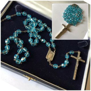 Vintage Jewellery Silver & Blue Crystal Rosary Bead Necklace Italy