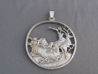 Vintage Christmas Santa Claus Sleigh Reindeer Large Silver Tone Cut Out Pendant