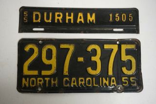 Vintage 1955 North Carolina State License Plate 297 - 375 & Durham 1505 Plate A84