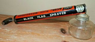 Vintage Black Flag Bug Sprayer Clear Glass Atomizer Pesticides Tin Canister Wood