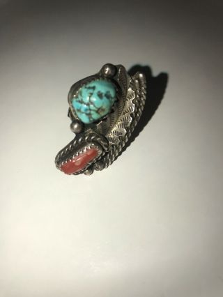 Vintage Navajo Old Pawn Sterling Silver Red Coral And Turquoise Size 6
