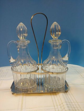 Vintage Oil And Vinegar Cruet Set With Stainless Steel Caddy Depression.  Glass