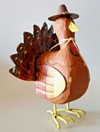 Thanksgiving 10 " Turkey Figurine Wood And Metal Handcrafted Vintage Cute