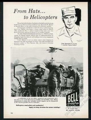 1956 Bell H - 13 Sioux Us Army Helicopter Photo Pilot Art Vintage Print Ad